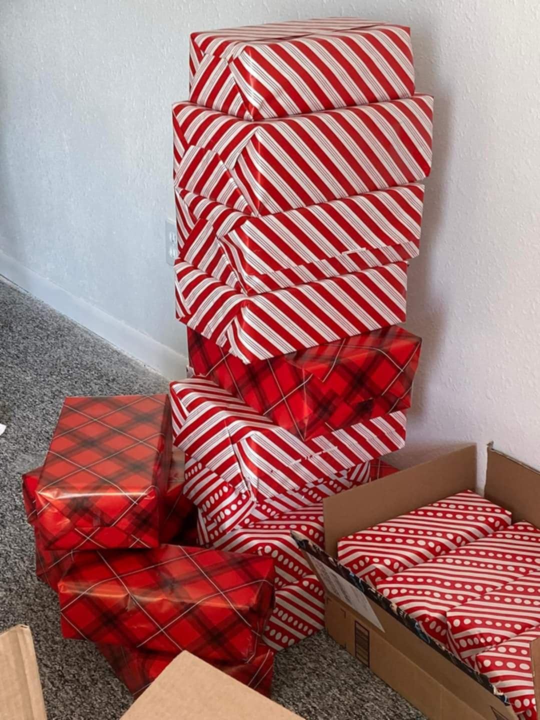 Wrapped Christmas gifts prepared for distribution